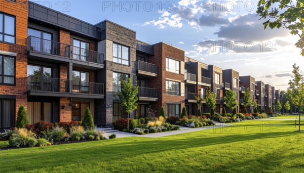 Modern apartment building with balconies and well-kept landscaping at sunset, Modern multifamily housing property with brick, siding facade features balconies, manicured lawns. Contemporary residential buildings offer urban living spaces, condominium options in scenic town, blue sky with a colorful sunrise, AI gererated, AI generated