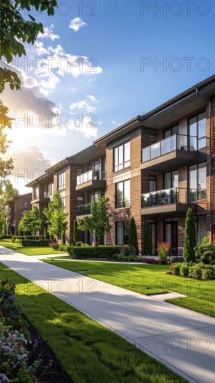 Modern apartment building with balconies and well-kept landscaping at sunset, Modern multifamily housing property with brick, siding facade features balconies, manicured lawns. Contemporary residential buildings offer urban living spaces, condominium options in scenic town, blue sky with a colorful sunrise, AI gererated, AI generated