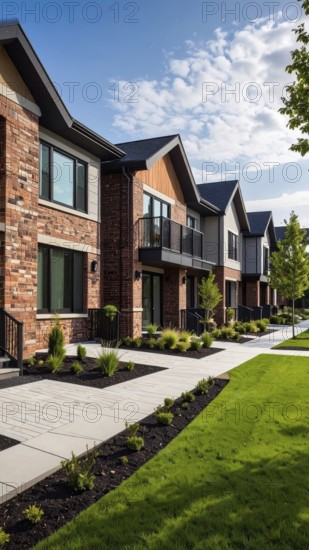 Modern apartment building with balconies and well-kept landscaping at sunset, Modern multifamily housing property with brick, siding facade features balconies, manicured lawns. Contemporary residential buildings offer urban living spaces, condominium options in scenic town, blue sky with a colorful sunrise, AI gererated, AI generated