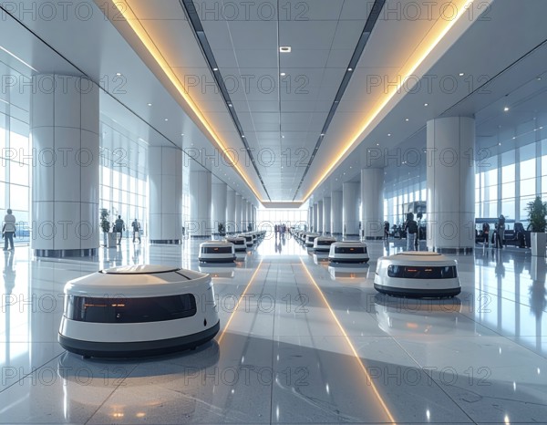 Autonomous cleaning roboter at modern airport terminal, showcasing advanced technology, daylight in the hall, the future of autonomous cleaning industry, AI generated