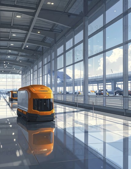 Autonomous cleaning roboter at modern airport terminal, showcasing advanced technology, daylight in the hall, the future of autonomous cleaning industry, AI generated