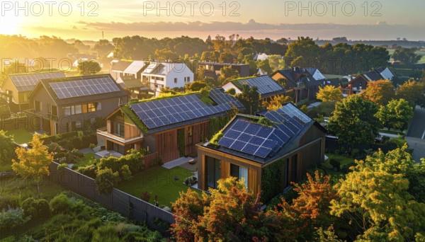 Aerial view showcases modern houses with solar panels and green roofs in a suburban setting, vibrant sunrise with blue sky, AI generated