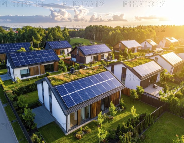 Aerial view showcases modern houses with solar panels and green roofs in a suburban setting, vibrant sunrise with blue sky, AI generated
