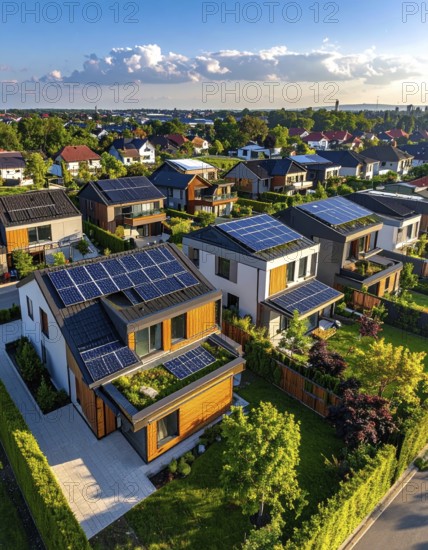 Aerial view showcases modern houses with solar panels and green roofs in a suburban setting, vibrant sunrise with blue sky, AI generated