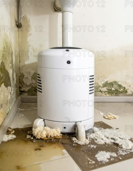 A specialized dehumidifier operates in a mold-infested room following water damage, Shell construction at construction site, AI generated