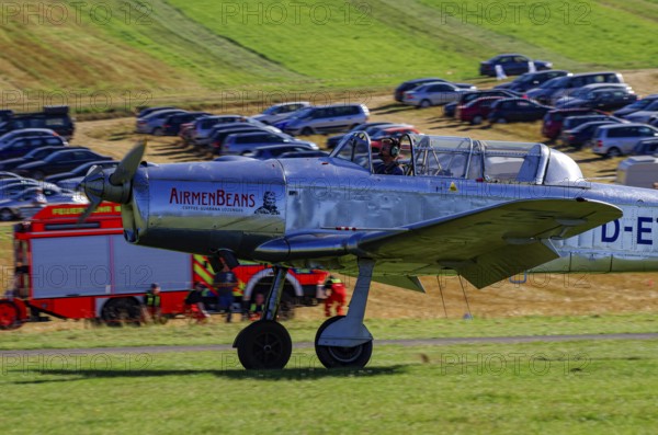A Pilatus P-2 from Pilatus Flugzeugwerke AG with registration D-ETHN during a flight demonstration as part of an air show on Rossfeld in Metzingen-Glems, Baden-Württemberg, Germany, for editorial use only