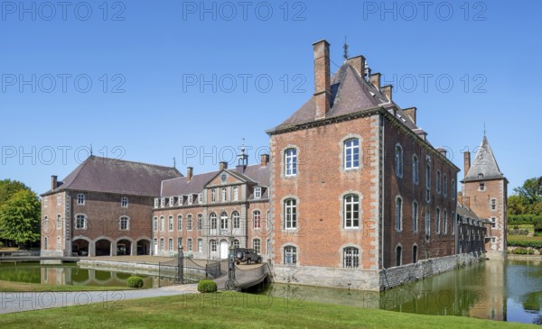 16th century Classicist Château de Franc-Waret in Louis XV style, moated castle in the village Fernelmont, province of Namur, Wallonia, Belgium