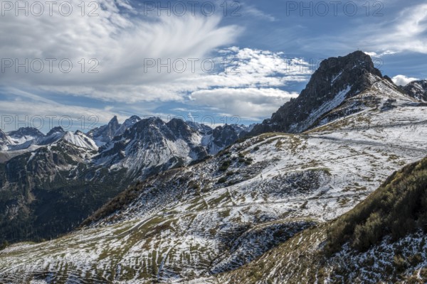 Right pulpit wall, back left mountains of the Allgäu Alps, cloud formation, Vorarlberg, Austria