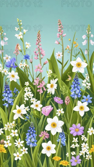 Vibrant wildflowers and grass create a colorful and joyful floral pattern, Variety of wild flowers, spring plant and grass seamless pattern, vibrant realistic vector illustration wallpaper, a spring natural colorful background as template or poster, AI generated