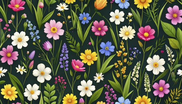 Vibrant wildflowers and grass create a colorful and joyful floral pattern, Variety of wild flowers, spring plant and grass seamless pattern, vibrant realistic vector illustration wallpaper, a spring natural colorful background as template or poster, AI generated