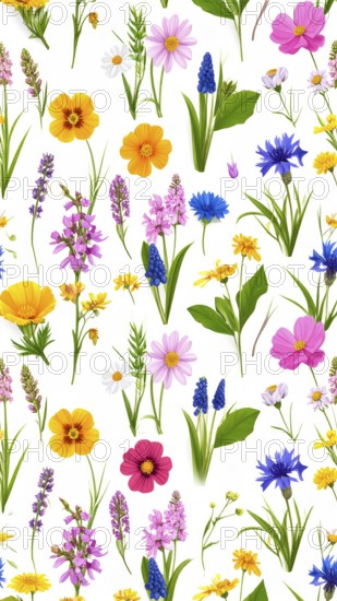 Vibrant wildflowers and grass create a colorful and joyful floral pattern, Variety of wild flowers, spring plant and grass seamless pattern, vibrant realistic vector illustration wallpaper, a spring natural colorful background as template or poster, AI generated