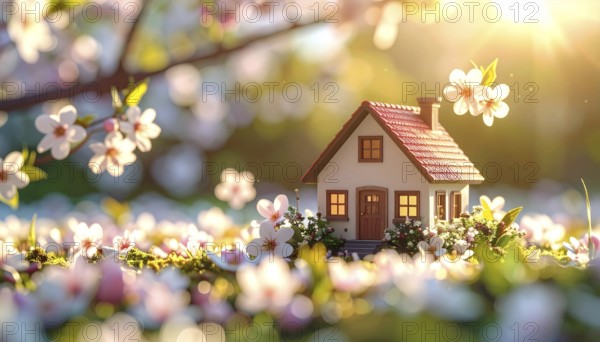 A miniature house surrounded by blooming cherry blossoms and warm sunlight, creating a peaceful and idyllic spring atmosphere, toy house on blossom cherry flowers, spring natural background. concept of mortgage, construction, rental, family and property, AI generated