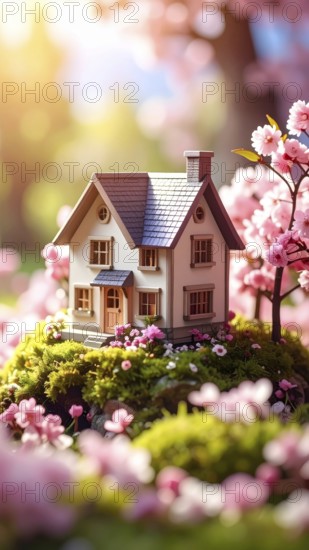 A miniature house surrounded by blooming cherry blossoms and warm sunlight, creating a peaceful and idyllic spring atmosphere, toy house on blossom cherry flowers, spring natural background. concept of mortgage, construction, rental, family and property, AI generated