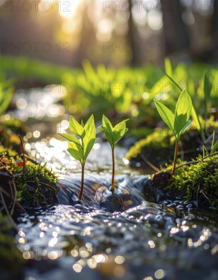 Beautiful spring detailed stream of fresh water, vibrant blooming young green plants, wallpaper banner for springtime and summer nature concept, AI generated