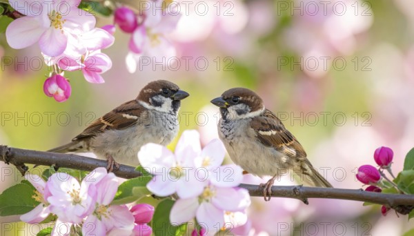 Small funny Sparrow Chicks sit in the garden surrounded by pink Apple blossoms on a Sunny may day, AI generated