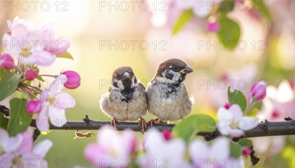 Small funny Sparrow Chicks sit in the garden surrounded by pink Apple blossoms on a Sunny may day, AI generated