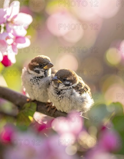 Small funny Sparrow Chicks sit in the garden surrounded by pink Apple blossoms on a Sunny may day, AI generated
