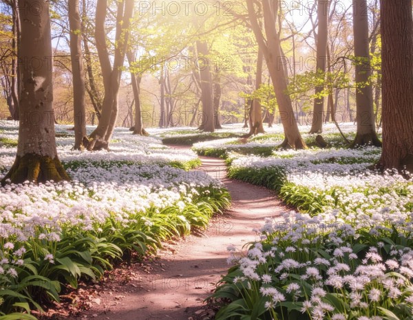 A tranquil forest path lined with white flowers, surrounded by tall trees and bathed in soft sunlight, Pathway through the forest with blooming wild garlic (Allium ursinum) sunny summer day, AI generated