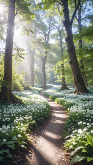 A tranquil forest path lined with white flowers, surrounded by tall trees and bathed in soft sunlight, Pathway through the forest with blooming wild garlic (Allium ursinum) sunny summer day, AI generated