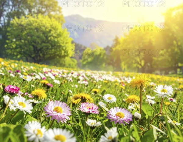 A sunny meadow with daisies in full bloom under bright sunlight, creating a vibrant and cheerful atmosphere, Blooming meadow with lots of white and pink spring daisy flowers and yellow dandelions, sunny day with blue clear sky, beautiful landscape in blurred background, fresh spring and summer nature concept, AI generated