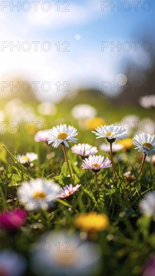 A sunny meadow with daisies in full bloom under bright sunlight, creating a vibrant and cheerful atmosphere, Blooming meadow with lots of white and pink spring daisy flowers and yellow dandelions, sunny day with blue clear sky, beautiful landscape in blurred background, fresh spring and summer nature concept, AI generated