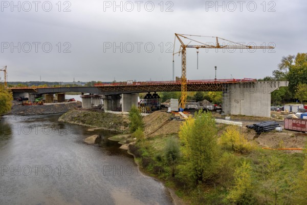 Four-lane new building of the town bypass in Wesel, B58n, here the bridge structure across the Lippe estuary into the Rhine, so far traffic flows through the town towards the Rhine bridge Wesel westwards, or vice versa, over 23, 000 vehicles use this route, after completion, traffic then runs between A3 in the east and A57 around the town, Wesel North Rhine-Westphalia