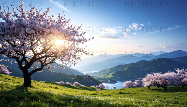Landscape with a blooming apricot tree, idilyc spring nature, green grass and mountains in background, blue cloudy sky in sunset web banner spring time concept, AI generated