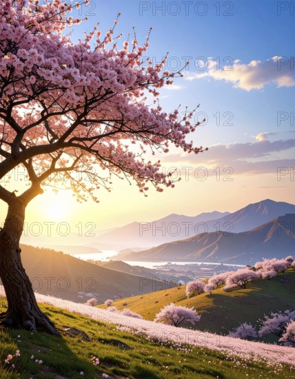 Landscape with a blooming apricot tree, idilyc spring nature, green grass and mountains in background, blue cloudy sky in sunset web banner spring time concept, AI generated