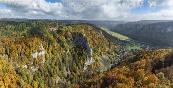 Aerial view, panorama from the viewpoint, shovels and Hausen Castle, also known as the Hausen ruins, surrounded by autumn vegetation, a ruin of a castle above the village of Hausen in the valley in the Upper Danube Valley, Beuron, Sigmaringen district, Baden-Württemberg, Germany