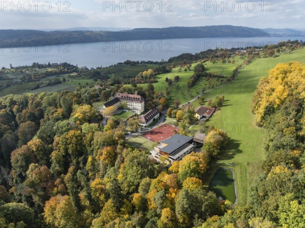 Aerial view of Lake Constance, Überlinger See, surrounded by autumn vegetation with Spetzgart Castle, Salem International College, Bodanrück on the horizon, Lake Constance District, Baden-Württemberg, Germany