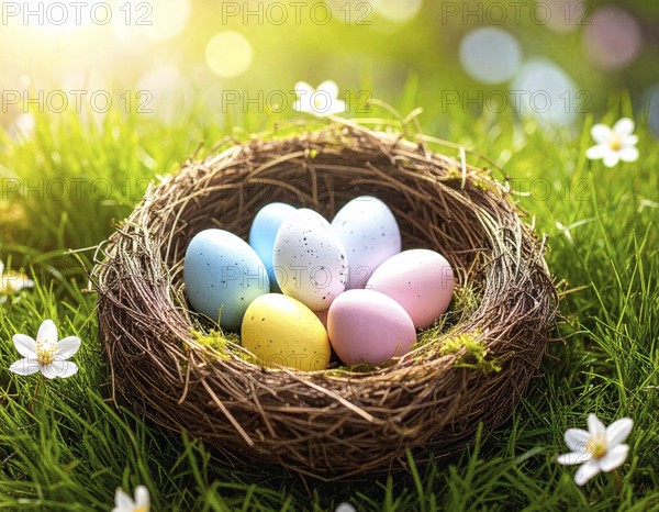 Nest with easter eggs in a basket on grass, sunny spring day, fresh beautiful landscape at daylight, soft focus for calm scenery, festive Easter decoration, wallpaper illustration banner, panorama, background, AI generated