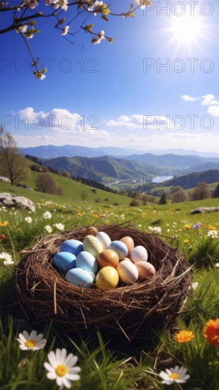 Nest with easter eggs in a basket on grass, sunny spring day, fresh beautiful landscape at daylight, soft focus for calm scenery, festive Easter decoration, wallpaper illustration banner, panorama, background, AI generated