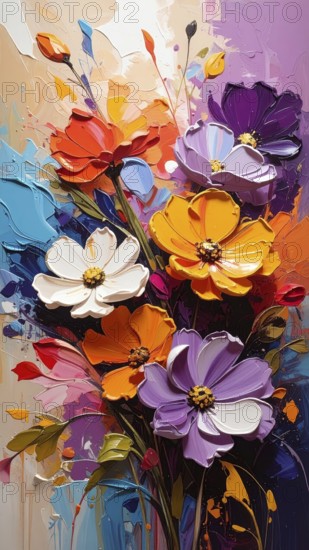 Closeup of abstract rough colorful multicolored organic floral spring flowers art painting texture, with oil acrylic brushstroke, pallet knife paint on canvas wallpaper, AI generated