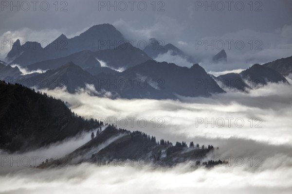 View from the Nebelhorn summit to mountains of the Allgäu Alps, mountains rising from fog in the valley, Oberstdorf, Oberallgäu, Allgäu, Bavaria, Germany
