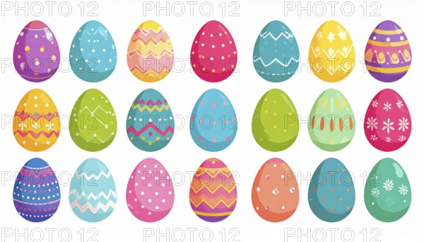 Set of easter eggs flat design on white background, abstract vector wallpaper illustration, banner for springtime, AI generated