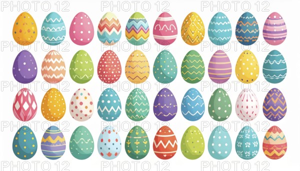Set of easter eggs flat design on white background, abstract vector wallpaper illustration, banner for springtime, AI generated
