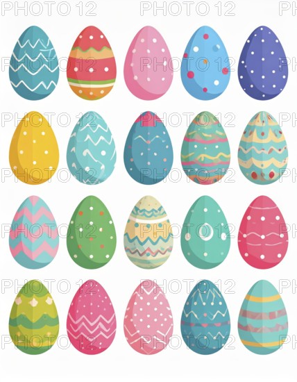 Set of easter eggs flat design on white background, abstract vector wallpaper illustration, banner for springtime, AI generated