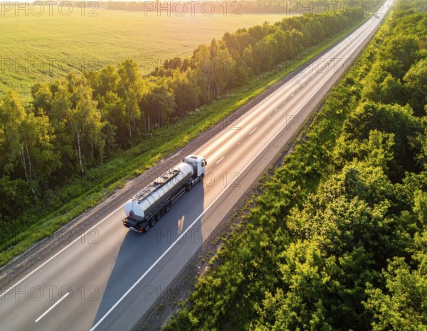 Petrol cargo truck lorry tanker driving on highway hauling oil products at sunrise, wide hilly landscape, AI generated
