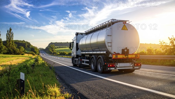 Petrol cargo truck lorry tanker driving on highway hauling oil products at sunrise, wide hilly landscape, AI generated