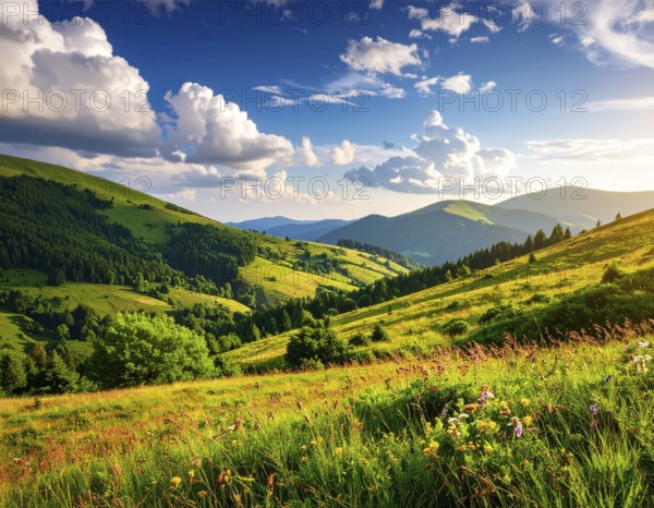 Fresh summer hilly Landscape with blooming Meadow, green plants, Blue Sky with cloudy sky, serene nature background, AI generated