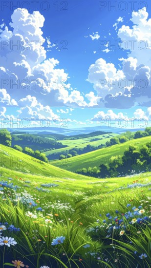 Fresh summer hilly Landscape with blooming Meadow, green plants, Blue Sky with cloudy sky, serene nature background, abstract vector illustration, AI generated