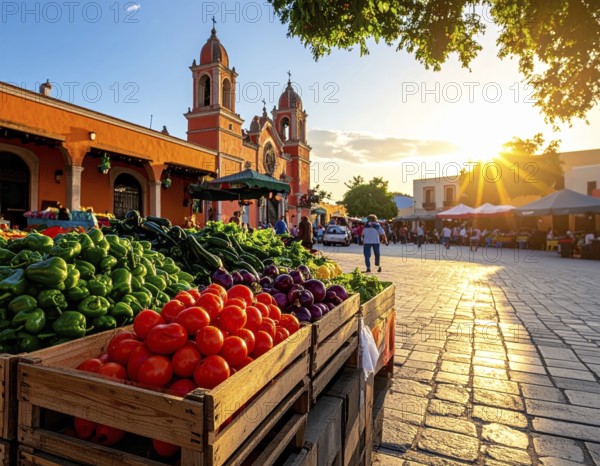 Traditional Mexican plaza with crates of peppers, onions, and tomatoes, economic prosperity in local trade, travel destination in America, AI generated