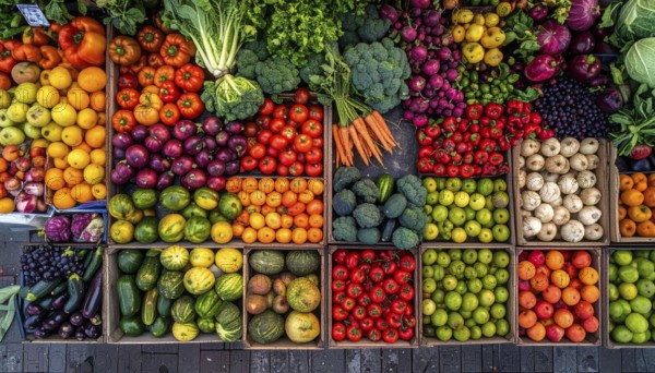 Fresh fruits and vegetables in a market display, aerial view perpendicular top down, healthy eating and lifestyle, AI generated