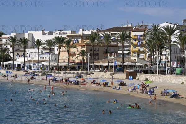 View of the beach and old town of Jávea or Xàbia, Alicante Province, Comunidad Valenciana, Spain