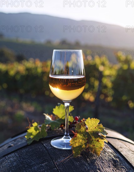 A glass of 10-year-old tawny wine placed on a barrel in a vineyard restaurant, vineyard landscape in blurred background, AI generated