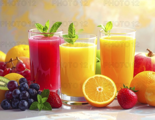 Fresh fruit juices in glasses, surrounded by colorful fruits, showcasing healthy drinking and eating, fitness and wellness lifestyle, AI generated