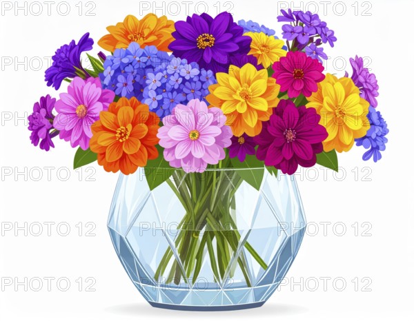 Crystal glass vase with vibrant blooming flowers, vibrant vector drawing illustration for fresh spring background, AI generated
