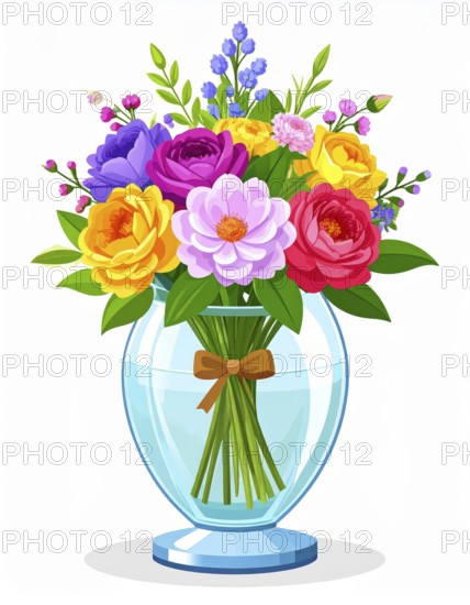 Crystal glass vase with vibrant blooming flowers, vibrant vector drawing illustration for fresh spring background, AI generated