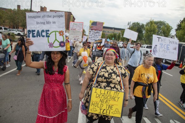 Detroit, Michigan USA - 18 October 2025 - A large crowd gathered for a 'No Kings' rally, protesting President Trump's actions against immigrants and against democratic institutions
