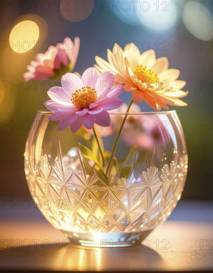 Crystal glass vase with vibrant blooming flowers, fresh spring and summer concept, AI generated